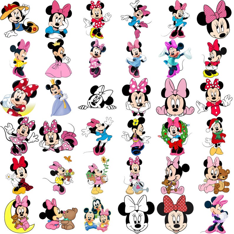 Puede incluir: Una colecci&oacute;n de ilustraciones del personaje de Minnie Mouse en varias poses y atuendos. Las im&aacute;genes presentan a Minnie con su lazo de lunares caracter&iacute;stico, vestida con diferentes vestidos y accesorios de colores. Las ilustraciones son de estilo caricatura.