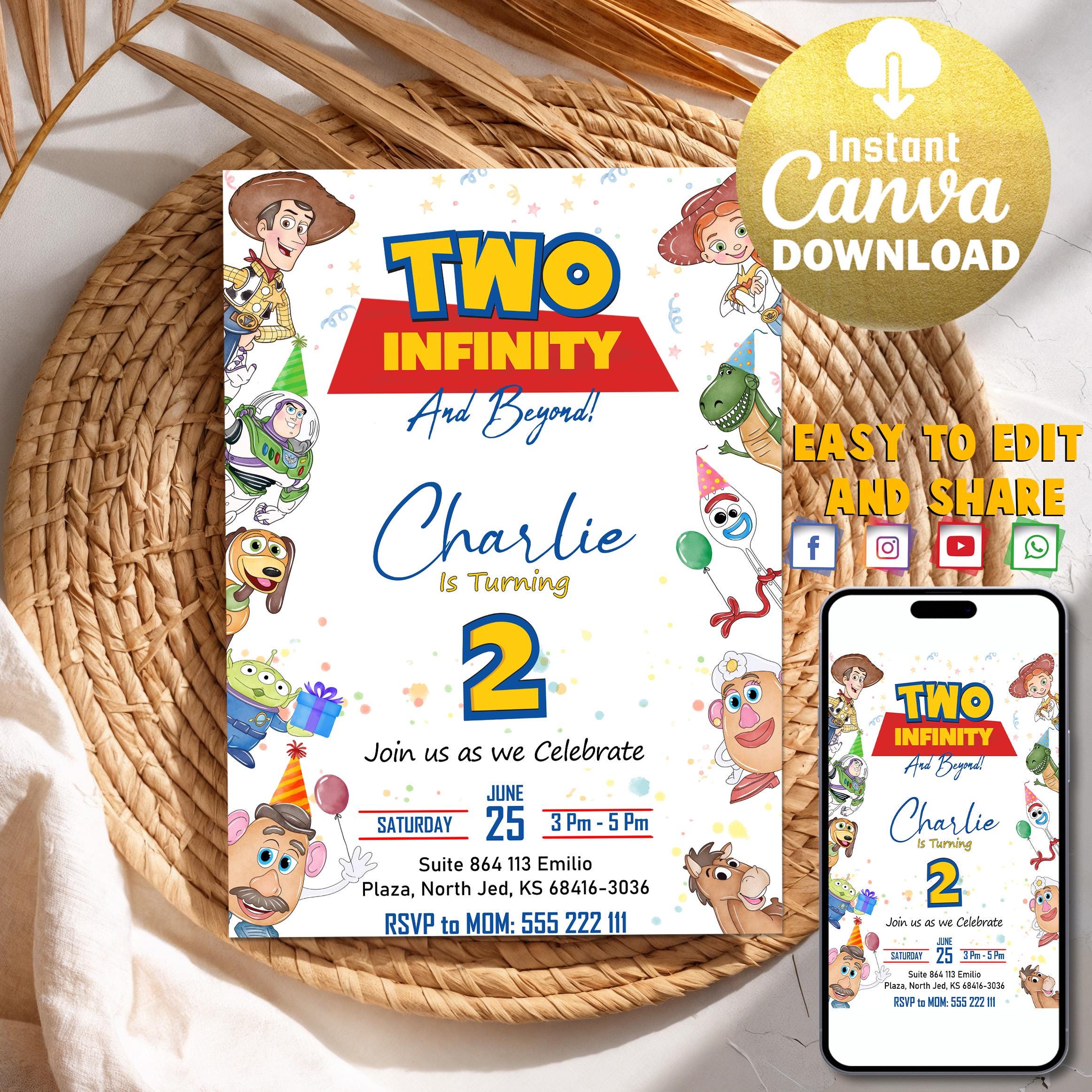 Editable Two infinity and Beyond Birthday invitation | Toy Story Party invitation, Invite 2nd Birthday | Digital kids Birthday invites Canva