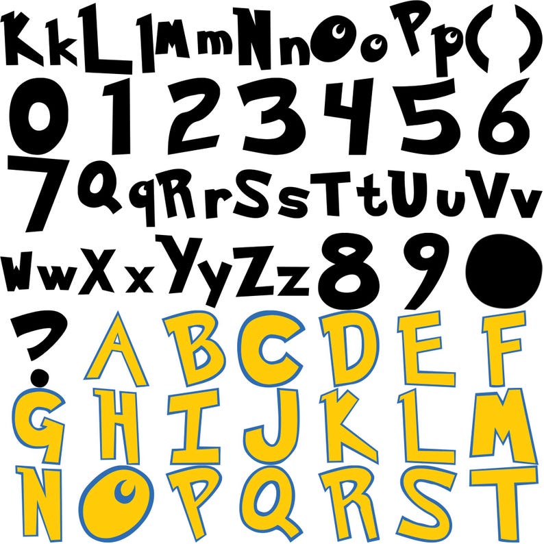 May include: A collection of black letters, numbers, and punctuation marks, along with yellow letters outlined in blue. The image includes uppercase and lowercase letters, numbers 0-9, and a question mark.