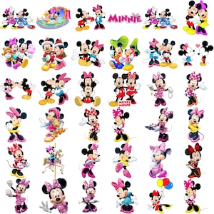 May include: A collection of colorful cartoon images of Mickey Mouse and Minnie Mouse in various poses. Some images show the characters together, while others feature them individually. The word "Minnie" is also displayed in pink letters.