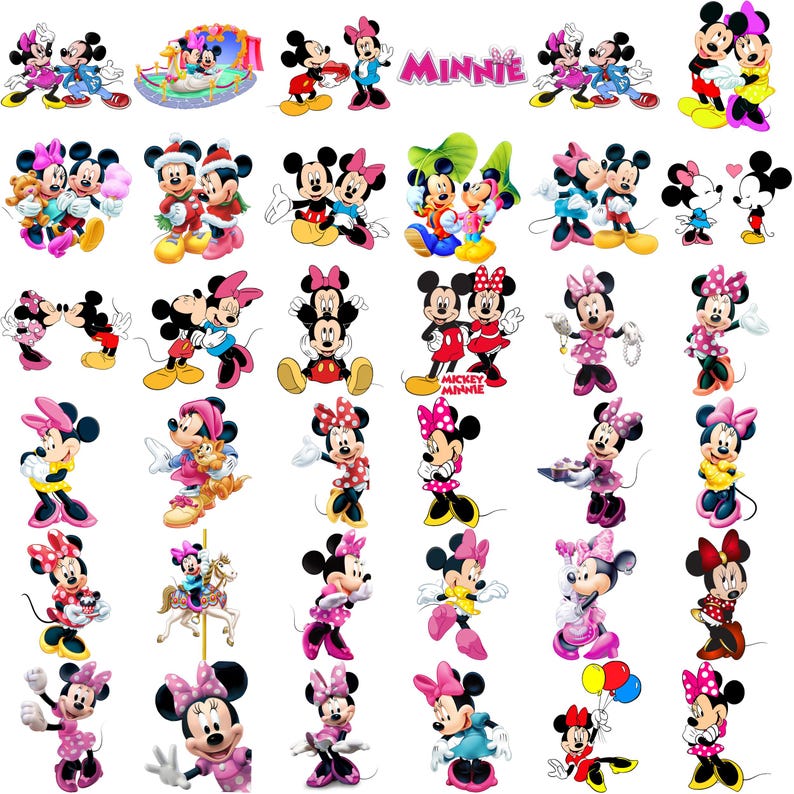 May include: A collection of colorful cartoon images of Mickey Mouse and Minnie Mouse in various poses. Some images show the characters together, while others feature them individually. The word "Minnie" is also displayed in pink letters.