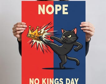 No Kings Day! Fierce black cat anti-monarchy art. Digital download for your protest picket, flag, or print. Make a bold political statement