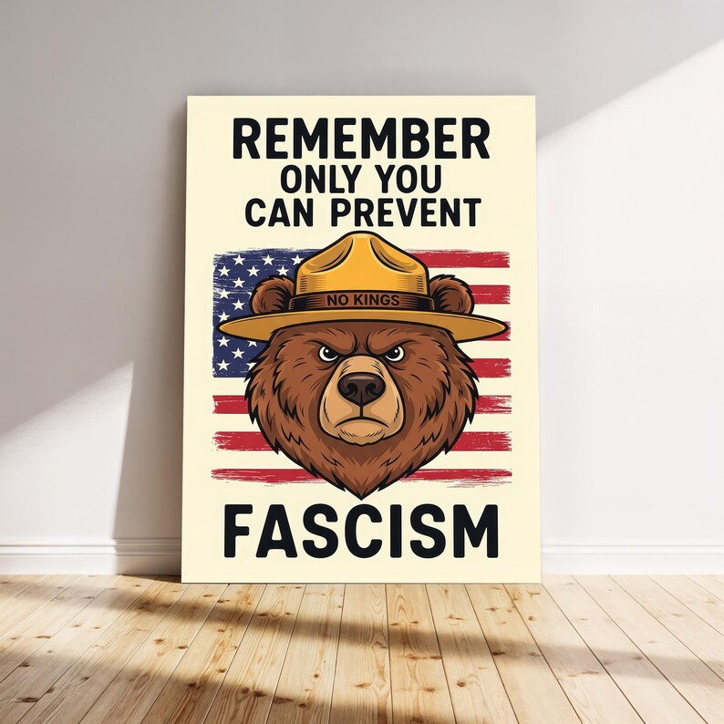 May include: Poster featuring a brown bear wearing a ranger hat with the text "REMEMBER ONLY YOU CAN PREVENT FASCISM" over an American flag design. The hat reads "NO KINGS". The bear has an angry expression.