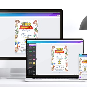 May include: A desktop computer, laptop, and smartphone display a birthday invitation design with the text "Two Infinity And Beyond" and "Charlie is turning 2". The design features cartoon characters and party elements.