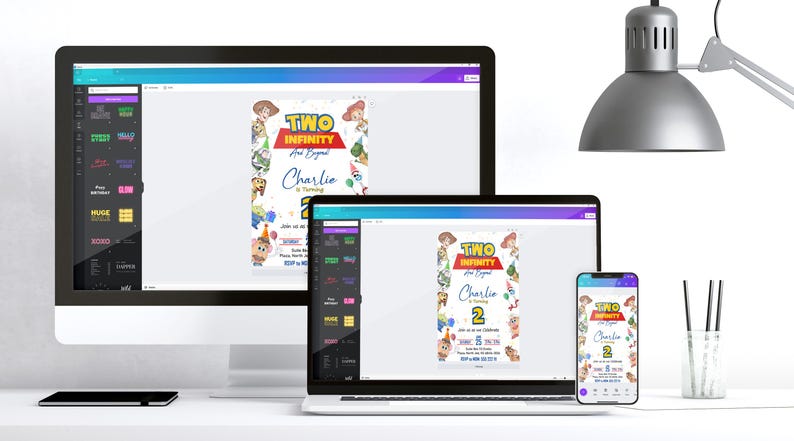 May include: A desktop computer, laptop, and smartphone display a birthday invitation design with the text "Two Infinity And Beyond" and "Charlie is turning 2". The design features cartoon characters and party elements.
