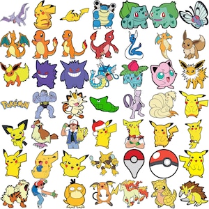 May include: A collection of colorful Pok&eacute;mon character stickers, featuring Pikachu, Charmander, Bulbasaur, and many others. The stickers are in various poses and designs, with a white background.
