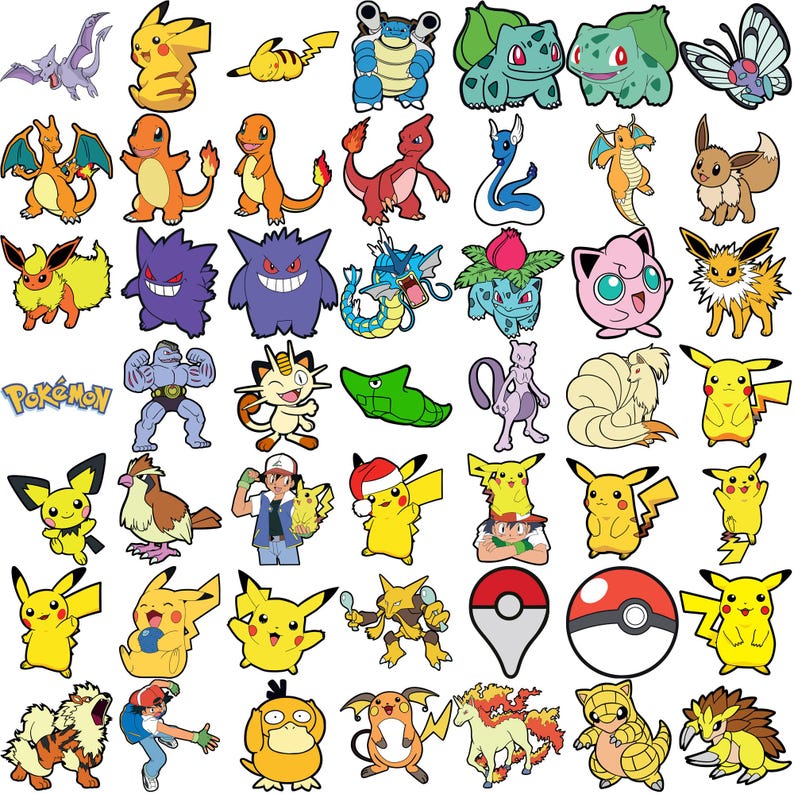 May include: A collection of colorful Pok&eacute;mon character stickers, featuring Pikachu, Charmander, Bulbasaur, and many others. The stickers are in various poses and designs, with a white background.