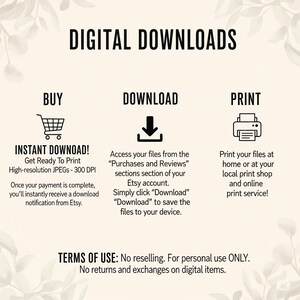 May include: A graphic with the words "DIGITAL DOWNLOADS" at the top. Instructions are provided for buying, downloading, and printing digital files. The text includes details about instant downloads, Etsy accounts, and print services.