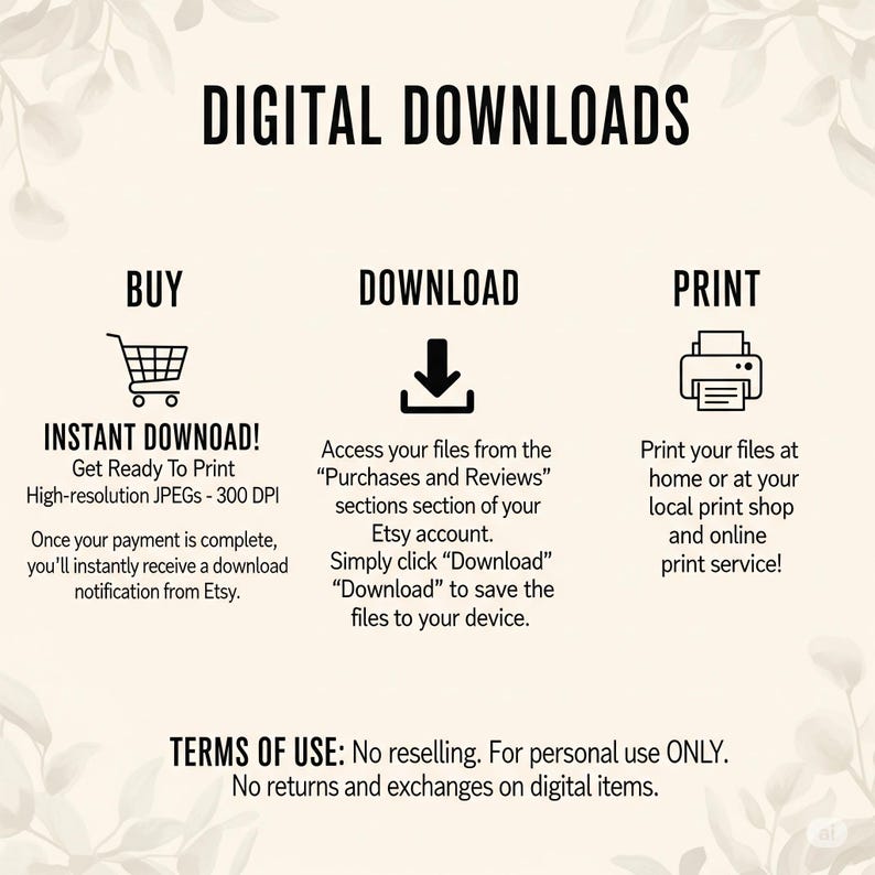 May include: A graphic with the words "DIGITAL DOWNLOADS" at the top. Instructions are provided for buying, downloading, and printing digital files. The text includes details about instant downloads, Etsy accounts, and print services.