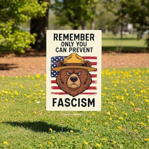 May include: A rectangular sign with the text "REMEMBER ONLY YOU CAN PREVENT FASCISM." The sign features a brown bear wearing a ranger hat, set against a backdrop of the American flag.