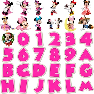 Puede incluir: Una colecci&oacute;n de ilustraciones coloridas del personaje de Minnie Mouse y recortes de n&uacute;meros y letras rosas. Minnie Mouse se representa con varios atuendos y poses. Los n&uacute;meros y letras est&aacute;n en una fuente en negrita, estilo burbuja, con un borde blanco.