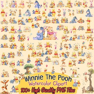 Op de afbeelding: Een verzameling aquarel clipart met Winnie de Poeh en vrienden. De afbeelding bevat verschillende illustraties van Poeh, Knorretje, Teigetje, Iejoor en andere personages. De tekst op de afbeelding luidt "Winnie The Pooh Watercolor Clipart 100+ High Quality PNG Files."