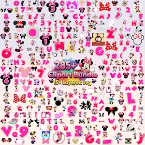 May include: A collection of Minnie Mouse-themed clipart elements in pink, black, and white. Includes numbers, letters, bows, and character illustrations. The image also contains the text "285+ Clipart Bundle" and "15+ Layered svg".