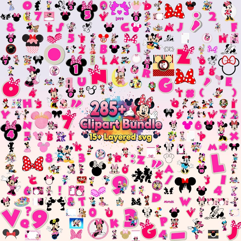 Puede incluir: Una colecci&oacute;n de elementos de clipart con tem&aacute;tica de Minnie Mouse en rosa, negro y blanco. Incluye n&uacute;meros, letras, lazos e ilustraciones de personajes. La imagen tambi&eacute;n contiene el texto "285+ Clipart Bundle" y "15+ Layered svg".