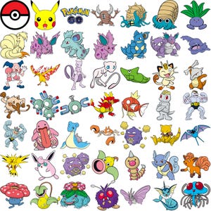 May include: A collection of colorful cartoon illustrations of various Pok&eacute;mon characters, including Pikachu, and a Pok&eacute; Ball logo. The images are in a variety of poses and styles, with bold outlines and bright colors.