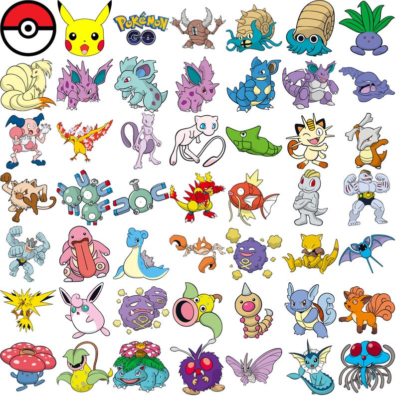 May include: A collection of colorful cartoon illustrations of various Pok&eacute;mon characters, including Pikachu, and a Pok&eacute; Ball logo. The images are in a variety of poses and styles, with bold outlines and bright colors.