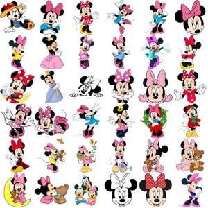 May include: A collection of Minnie Mouse character illustrations in various poses and outfits. The images feature Minnie with her signature bow, dressed in different colored dresses and accessories. Some illustrations include other Disney characters.