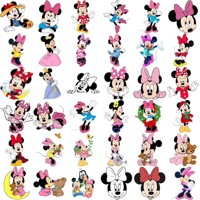May include: A collection of Minnie Mouse character illustrations in various poses and outfits. The images feature Minnie with her signature bow, dressed in different colored dresses and accessories. Some illustrations include other Disney characters.