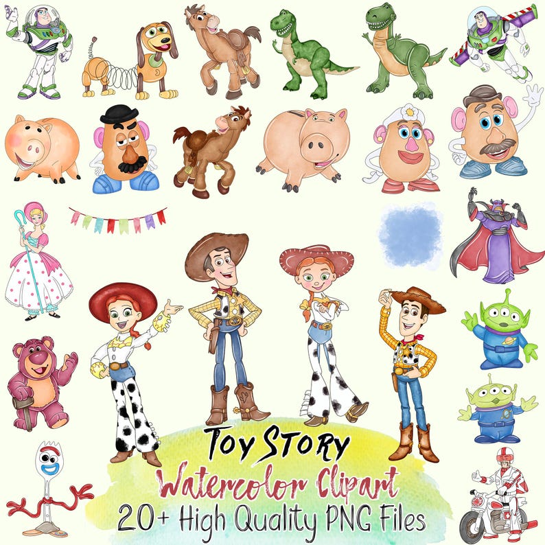 May include: Watercolor clipart featuring characters from the Toy Story movie franchise. The image includes Buzz Lightyear, Woody, Jessie, Rex, Mr. Potato Head, and other characters. The text "Toy Story Watercolor Clipart" is also included.