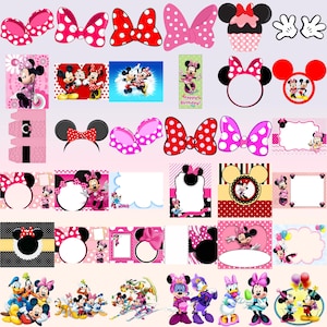 May include: A collection of Minnie Mouse-themed party decorations and accessories. Includes bows, headbands, cupcake toppers, and character cutouts. The color scheme is primarily pink, red, black, and white, with polka dot patterns and character illustrations.