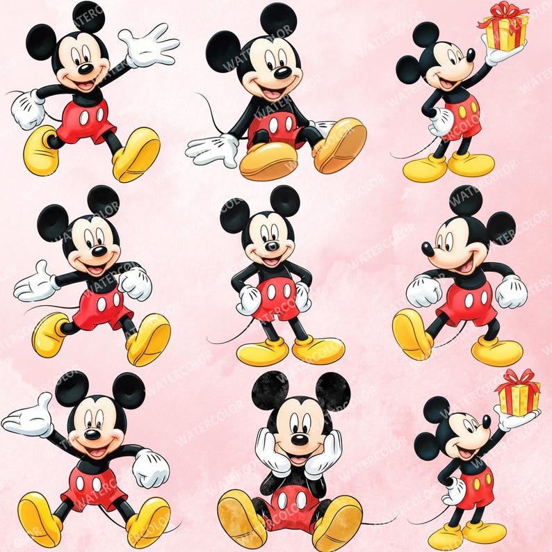K&ouml;nnte beinhalten: Eine Sammlung von Cartoon-Illustrationen von Mickey Mouse in verschiedenen Posen. Mickey wird mit schwarzen Ohren, einem schwarzen K&ouml;rper, roten Shorts, gelben Schuhen und wei&szlig;en Handschuhen dargestellt. Der Hintergrund ist eine weiche rosa Aquarellw&auml;sche.