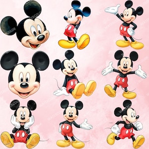 K&ouml;nnte beinhalten: Eine Sammlung von neun Cartoon-Illustrationen von Mickey Mouse in verschiedenen Posen. Mickey wird mit seinen charakteristischen schwarzen Ohren, roten Shorts, gelben Schuhen und wei&szlig;en Handschuhen dargestellt. Die Illustrationen sind vor einem hellrosa Hintergrund angeordnet.