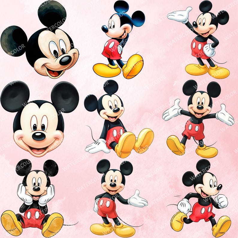 K&ouml;nnte beinhalten: Eine Sammlung von neun Cartoon-Illustrationen von Mickey Mouse in verschiedenen Posen. Mickey wird mit seinen charakteristischen schwarzen Ohren, roten Shorts, gelben Schuhen und wei&szlig;en Handschuhen dargestellt. Die Illustrationen sind vor einem hellrosa Hintergrund angeordnet.