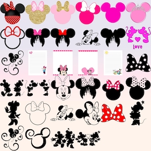 Puede incluir: Una colecci&oacute;n de dise&ntilde;os con tem&aacute;tica de Minnie Mouse. Incluye siluetas, lazos e ilustraciones de personajes en varios colores como rojo, rosa, negro y dorado. Algunos dise&ntilde;os presentan lunares y contornos de castillo.