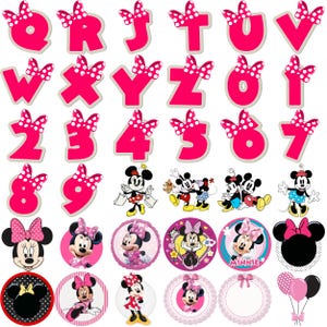 May include: A collection of pink letters, numbers, and character images. The letters and numbers have white polka dot bows. Several images of Minnie Mouse and Mickey Mouse are also included, along with round images of Minnie Mouse.