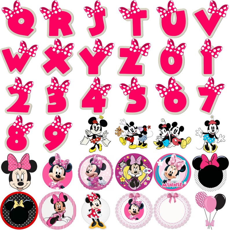 May include: A collection of pink letters, numbers, and character images. The letters and numbers have white polka dot bows. Several images of Minnie Mouse and Mickey Mouse are also included, along with round images of Minnie Mouse.