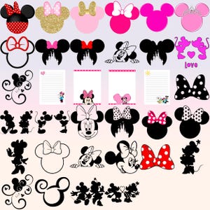 May include: A collection of Minnie Mouse-themed designs. Includes silhouettes, bows, and character illustrations in various colors, such as red, pink, black, and gold. Some designs feature polka dots, castle outlines, and the word "Love".