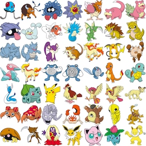 May include: A collection of colorful cartoon illustrations of various Pok&eacute;mon characters. The images feature a variety of creatures with distinct shapes, colors, and designs, including Pikachu, Bulbasaur, and Charmander. The illustrations are set against a white background.
