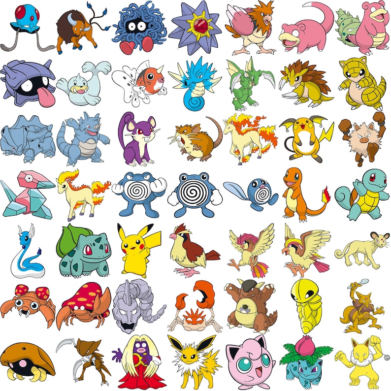 May include: A collection of colorful cartoon illustrations of various Pok&eacute;mon characters. The images feature a variety of creatures with distinct shapes, colors, and designs, including Pikachu, Bulbasaur, and Charmander. The illustrations are set against a white background.