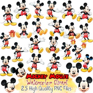 Mickey Cartoon Mouse Watercolor PNG | Mickey Clipart Bundle, Mouse Adventure Watercolor Art | Digital Download Wall Print | INSTANT DOWNLOAD