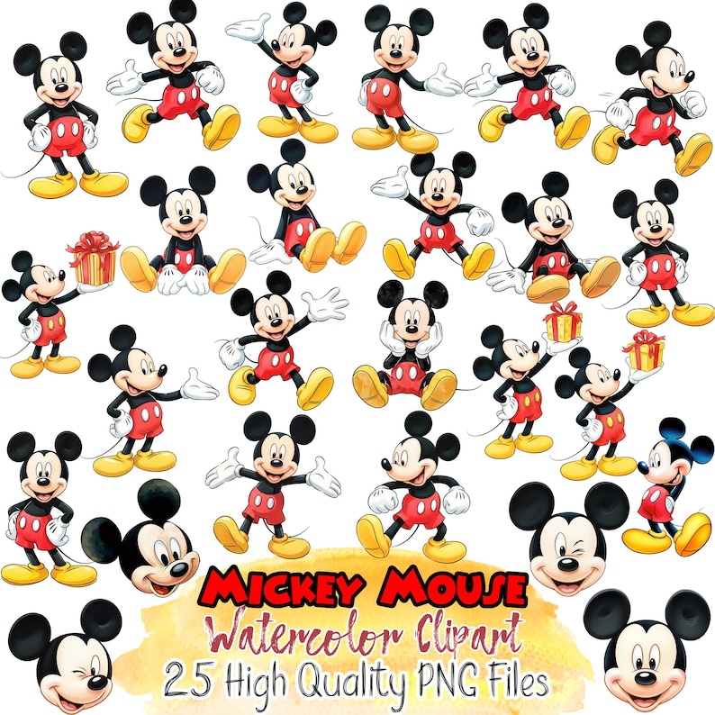 K&ouml;nnte beinhalten: Eine Sammlung von 25 hochwertigen PNG-Dateien mit Mickey Mouse in verschiedenen Posen. Mickey ist in seiner klassischen Kleidung dargestellt: rote Shorts, gelbe Schuhe und wei&szlig;e Handschuhe. Der Text "Mickey Mouse Watercolor Clipart" ist enthalten.