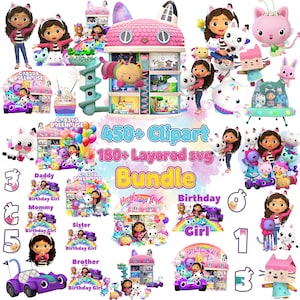 Op de afbeelding: Een verzameling Gabby's Dollhouse-thema clipart- en SVG-bestanden. De afbeelding bevat verschillende personages, een poppenhuis en de tekst "450+ Clipart" en "180+ Layered svg Bundle". Er zijn ook verjaardagsgerelateerde afbeeldingen.