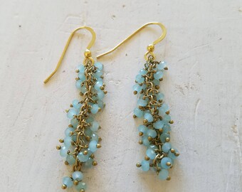 Aqua Chalcedony Fringe Stone Gold Earrings boho style