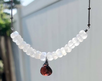 Moonstone and Garnet Gemstone Necklace, Oxidized Silver Necklace, Simple Jewelry, Gifts For Her, Unique Jewelry, Garnet, Beaded Necklace