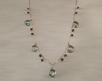 Green Amethyst and Amethyst Gemstone Necklace, 18k Gold Filled Gemstone Necklace