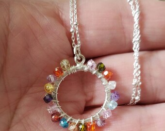 Colorful Circle Necklace, Multi Gemstone Necklace, Circle Pendant, Sterling Silver Necklace, Gifts Under 50, Dainty Necklace