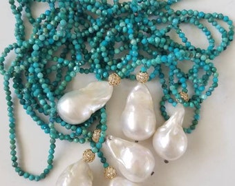 Turquoise stone lariat baroque freshwater pearl necklace boho chic statement necklace statement necklace minimalist design