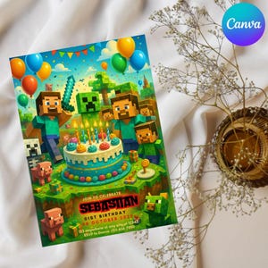 Editable Pixel Style Birthday Invitation | Video Game Theme Party Invite | Digital Download | Building Game Birthday Card Printable Template