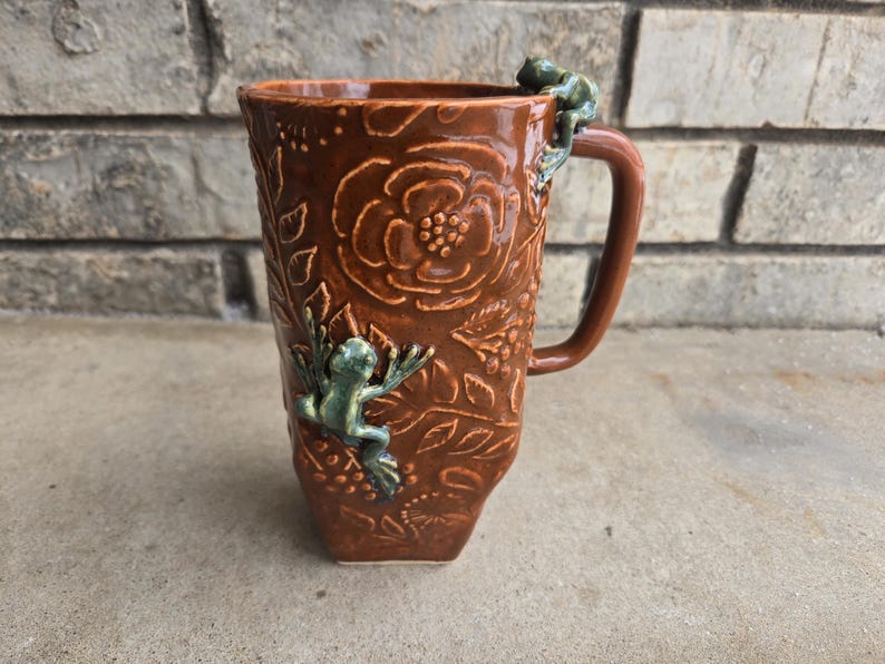 Large Floral Lizard/Frog Mug Frog on Orange