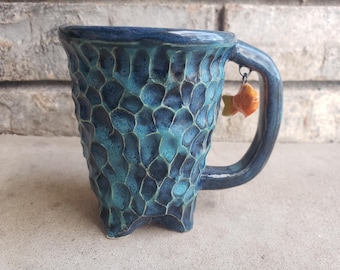 Ceramic Fish Mug, Textured Blue Pottery, 8 oz