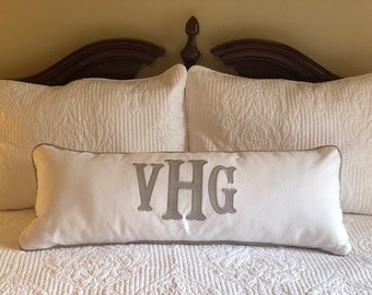 Applique pillow cover, monogram and piping trim color of your choice, 100% white linen