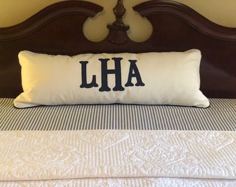 Applique pillow cover, monogram and piping trim color of your choice, 100% white linen