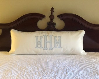 Applique pillow cover, monogram and piping trim color of your choice, 100% off white linen