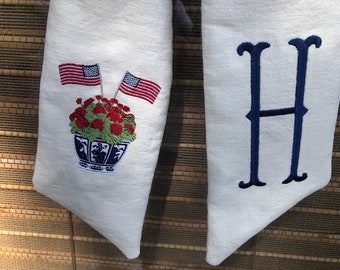 Monogrammed Patriotic Wreath Sash-100% Linen-Chinoiserie-Memorial Day-4th of July-Labor Day