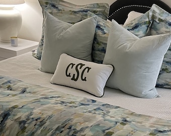 Applique pillow cover, monogram and piping trim color of your choice, 100% white linen