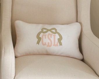 Bow Applique pillow cover, monogram and piping trim color of your choice, 100% white linen